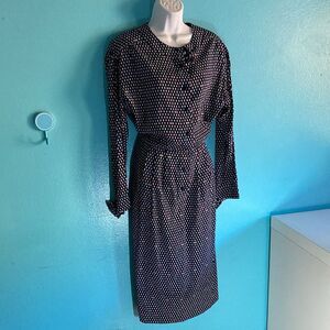 Nina Ricci Vintage 1980's Silk Midi Dress Navy Diamond Pattern L Made in France